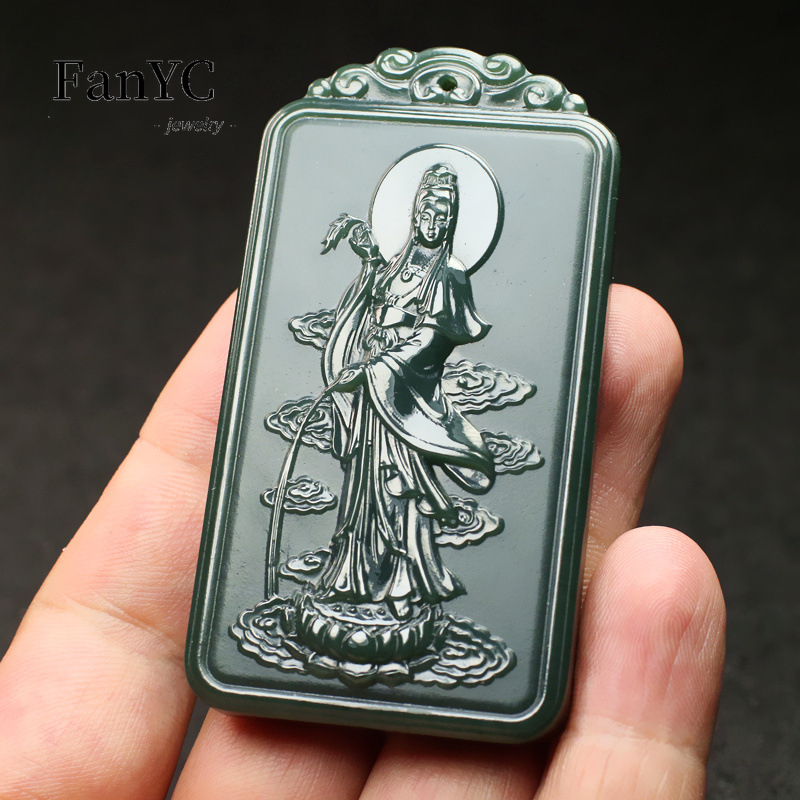 Ethnic Fashion For Men - Natural Hetian Jade Qingyu Guanyin Necklace